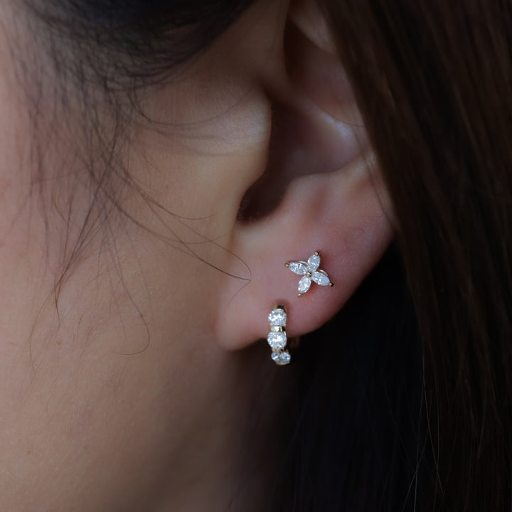 Marquise Cut 4 Diamonds Petal Flower 14K Solid Gold Earrings Studs - Small