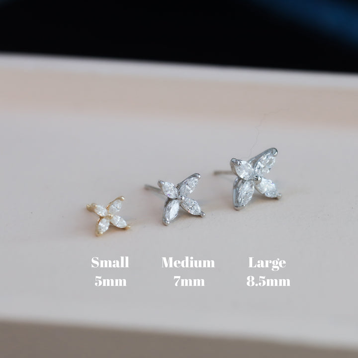 Marquise Cut 4 Diamonds Petal Flower 14K Solid Gold Earrings Studs - Small