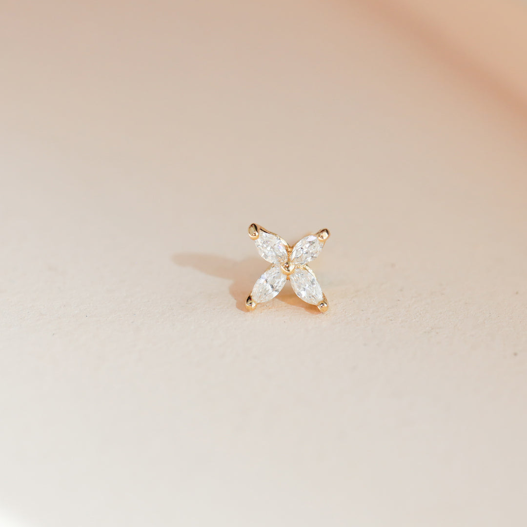 Marquise Cut 4 Diamonds Petal Flower 14K Solid Gold Earrings Studs - Small