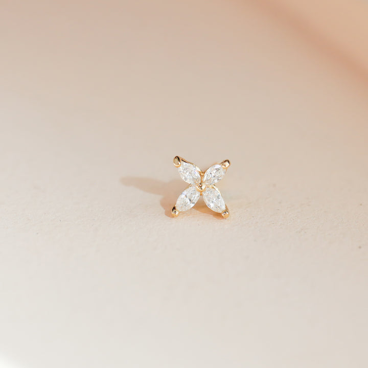 Marquise Cut 4 Diamonds Petal Flower 14K Solid Gold Earrings Studs - Small