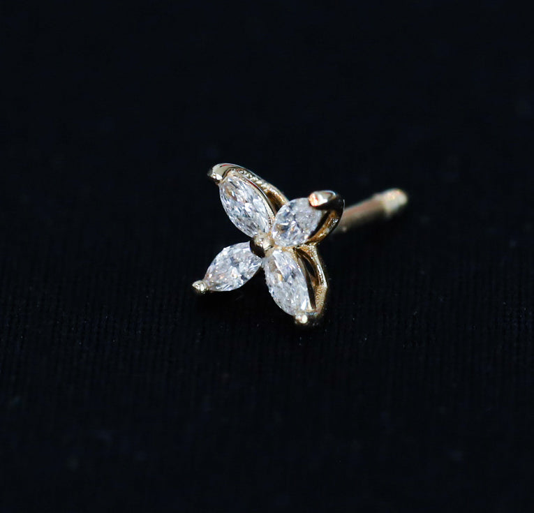 Marquise Cut 4 Diamonds Petal Flower 14K Solid Gold Earrings Studs - Small