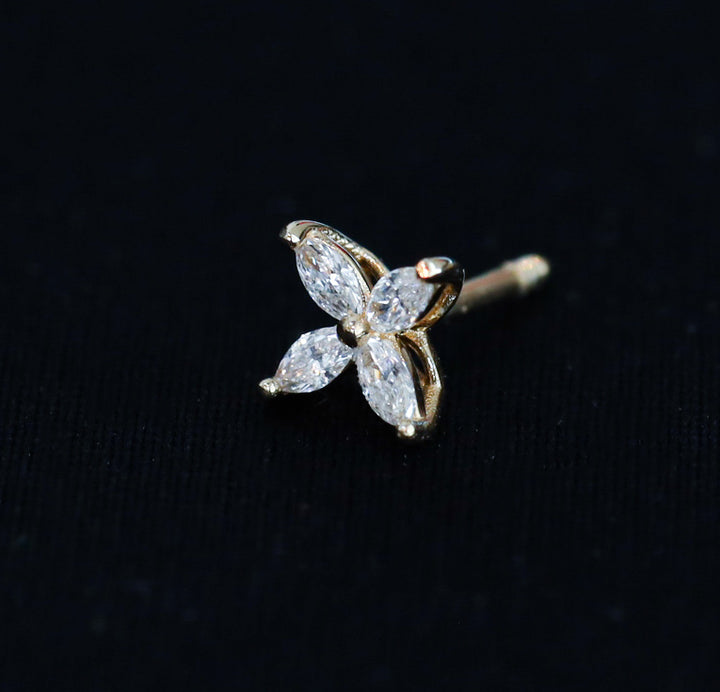 Marquise Cut 4 Diamonds Petal Flower 14K Solid Gold Earrings Studs - Small