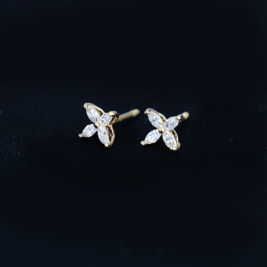 Marquise Cut 4 Diamonds Petal Flower 14K Solid Gold Earrings Studs - Small