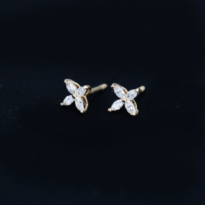 Marquise Cut 4 Diamonds Petal Flower 14K Solid Gold Earrings Studs - Small
