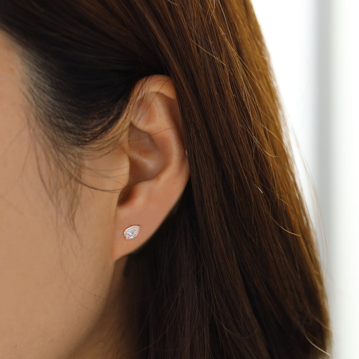 Pear Cut Bezel Set Lab Diamond 14K Solid Gold Studs / Single or Pair