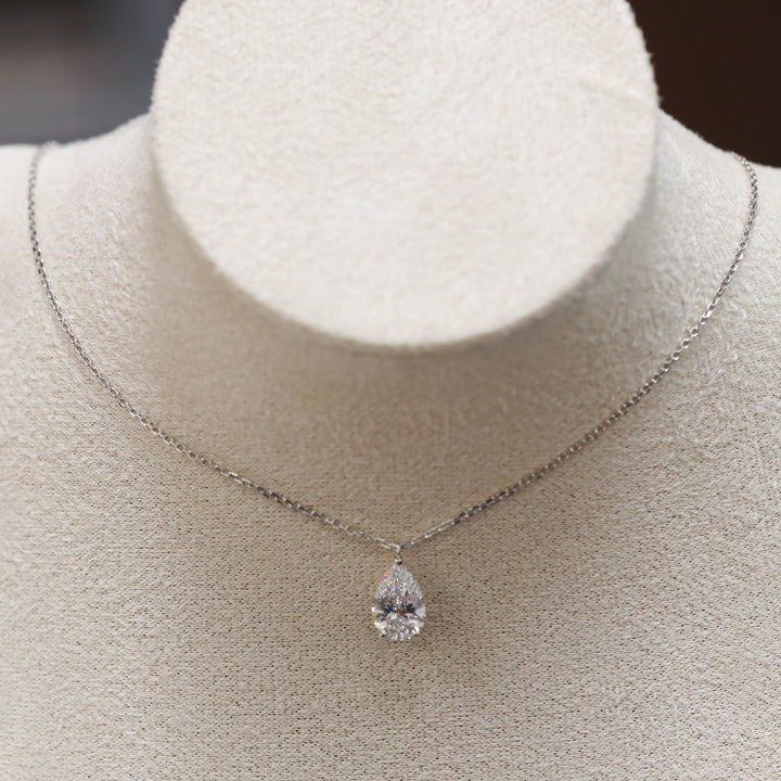 Lab Grown Pear Cut Diamond Solitaire Necklace on 14K Solid Gold Chain (1 ct. - 3 ct.)