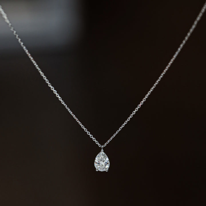Lab Grown Pear Cut Diamond Solitaire Necklace on 14K Solid Gold Chain (1 ct. - 3 ct.)