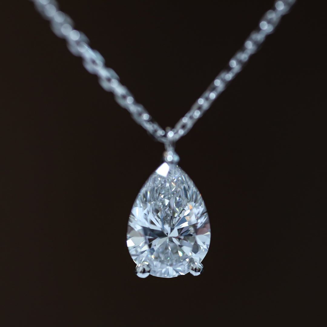 Lab Grown Pear Cut Diamond Solitaire Necklace on 14K Solid Gold Chain (1 ct. - 3 ct.)