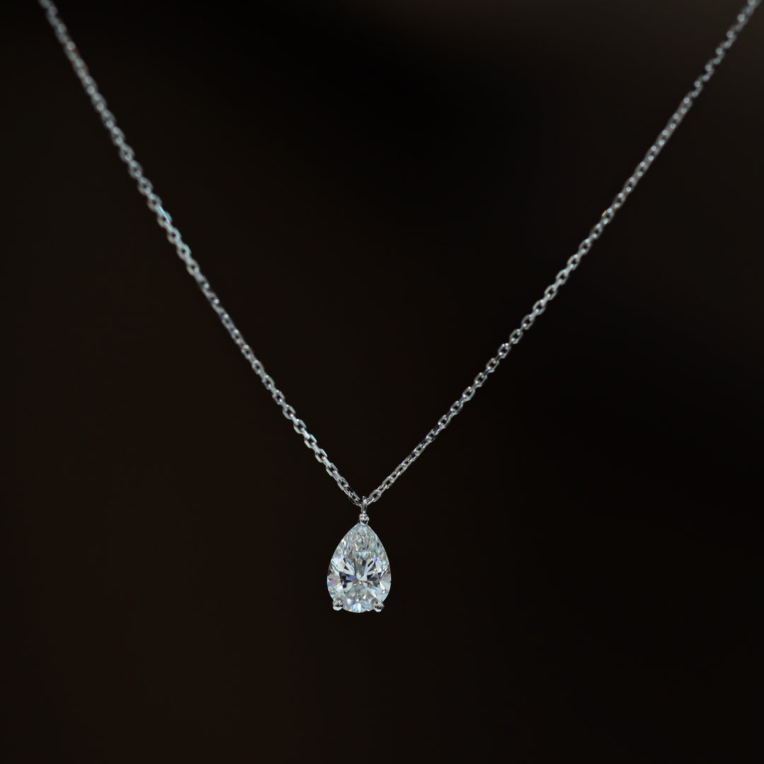 Lab Grown Pear Cut Diamond Solitaire Necklace on 14K Solid Gold Chain (1 ct. - 3 ct.)