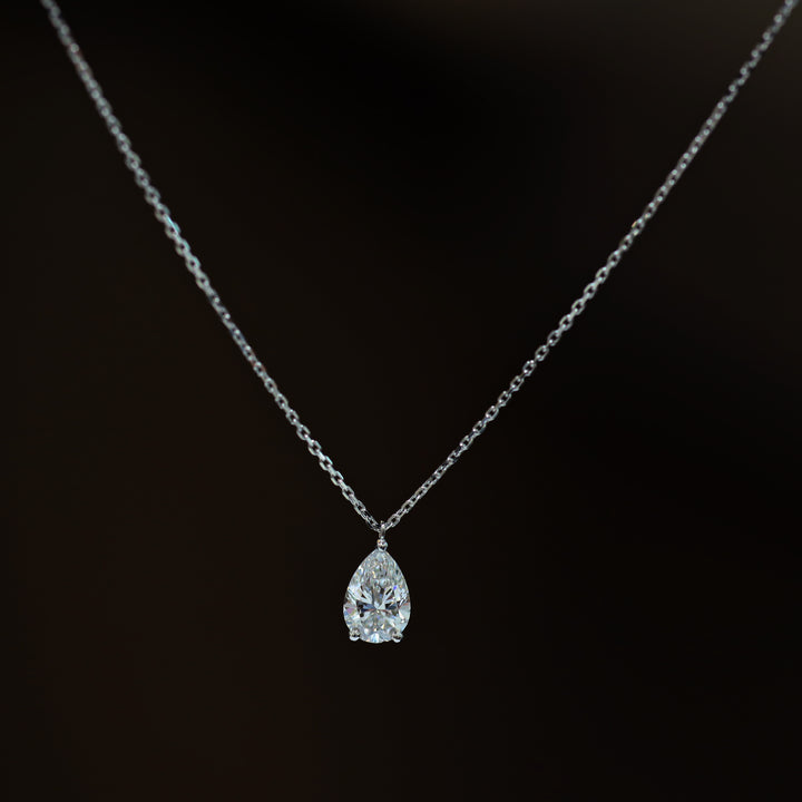 Lab Grown Pear Cut Diamond Solitaire Necklace on 14K Solid Gold Chain (1 ct. - 3 ct.)