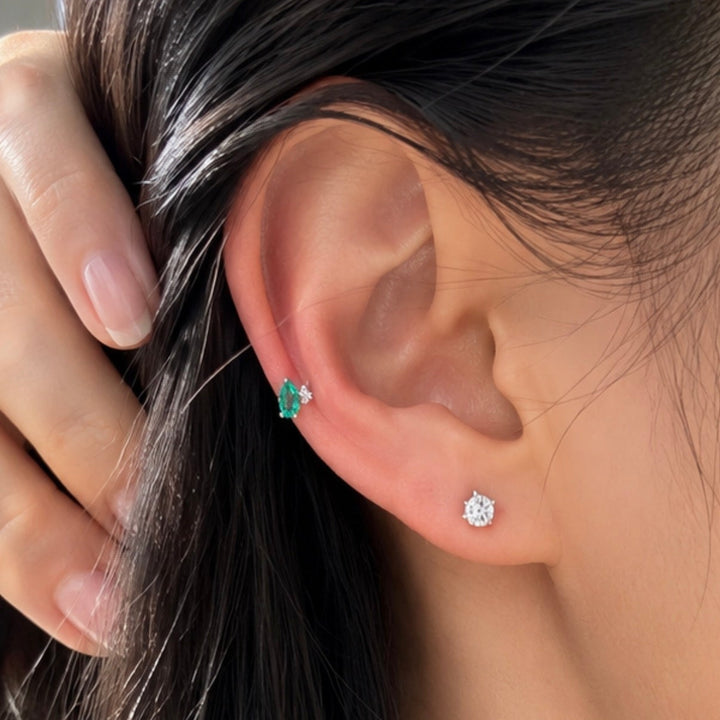 Pear-Cut Emerald & Round Lab Diamond Stud Earrings – 14K Solid Gold (Single or Pair)