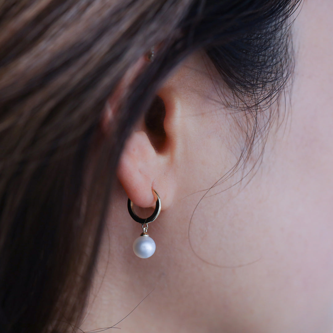 Dangling Pearl with Hoop Earrings 11mm  – 14K Solid Gold Ball Huggies