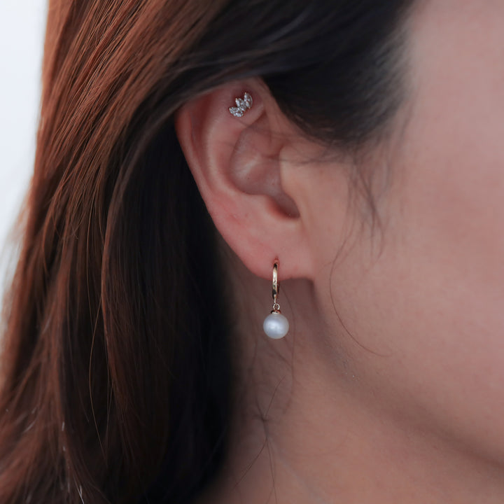 Dangling Pearl with Hoop Earrings 11mm  – 14K Solid Gold Ball Huggies