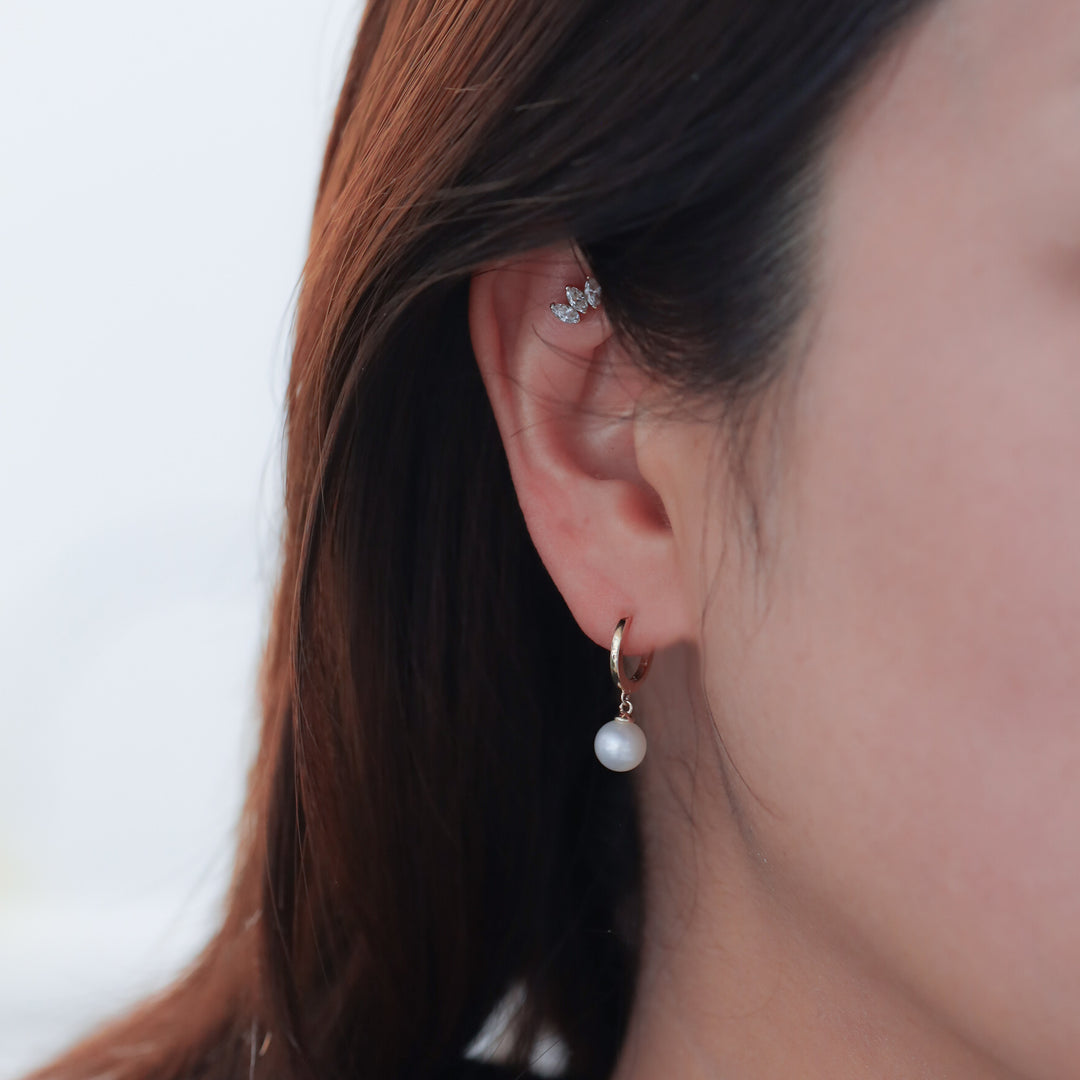 Dangling Pearl with Hoop Earrings 11mm  – 14K Solid Gold Ball Huggies
