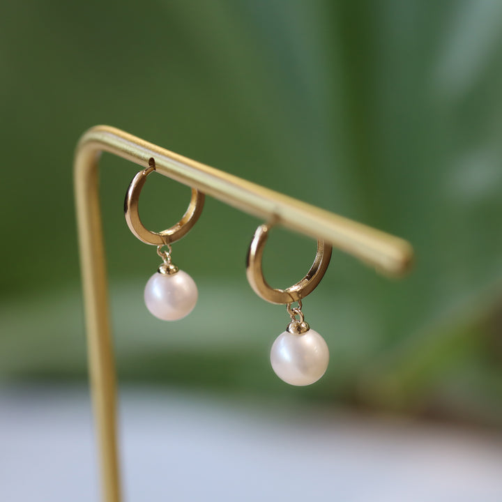 Dangling Pearl with Hoop Earrings 11mm  – 14K Solid Gold Ball Huggies