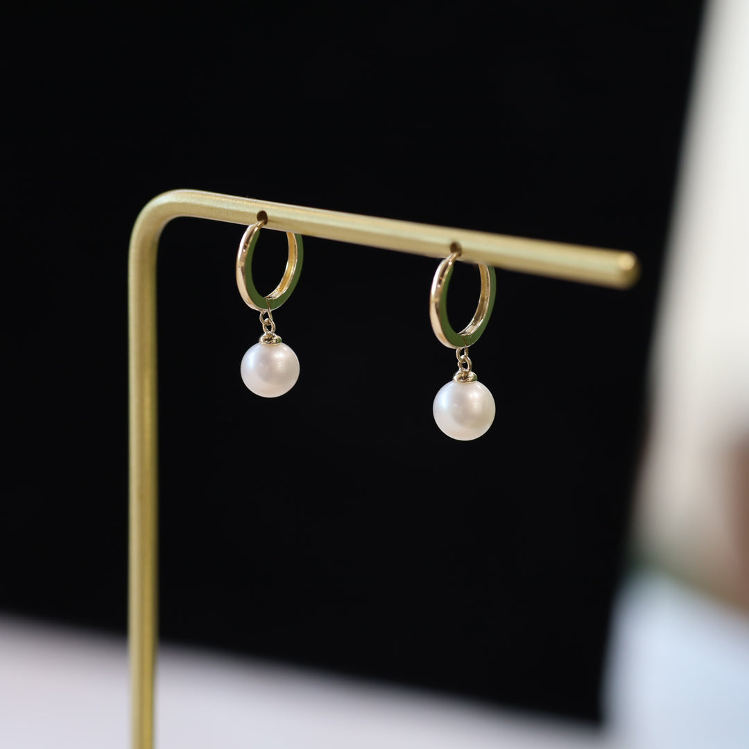 Dangling Pearl with Hoop Earrings 11mm  – 14K Solid Gold Ball Huggies