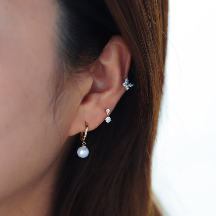 Dangling Pearl with Hoop Earrings 11mm  – 14K Solid Gold Ball Huggies