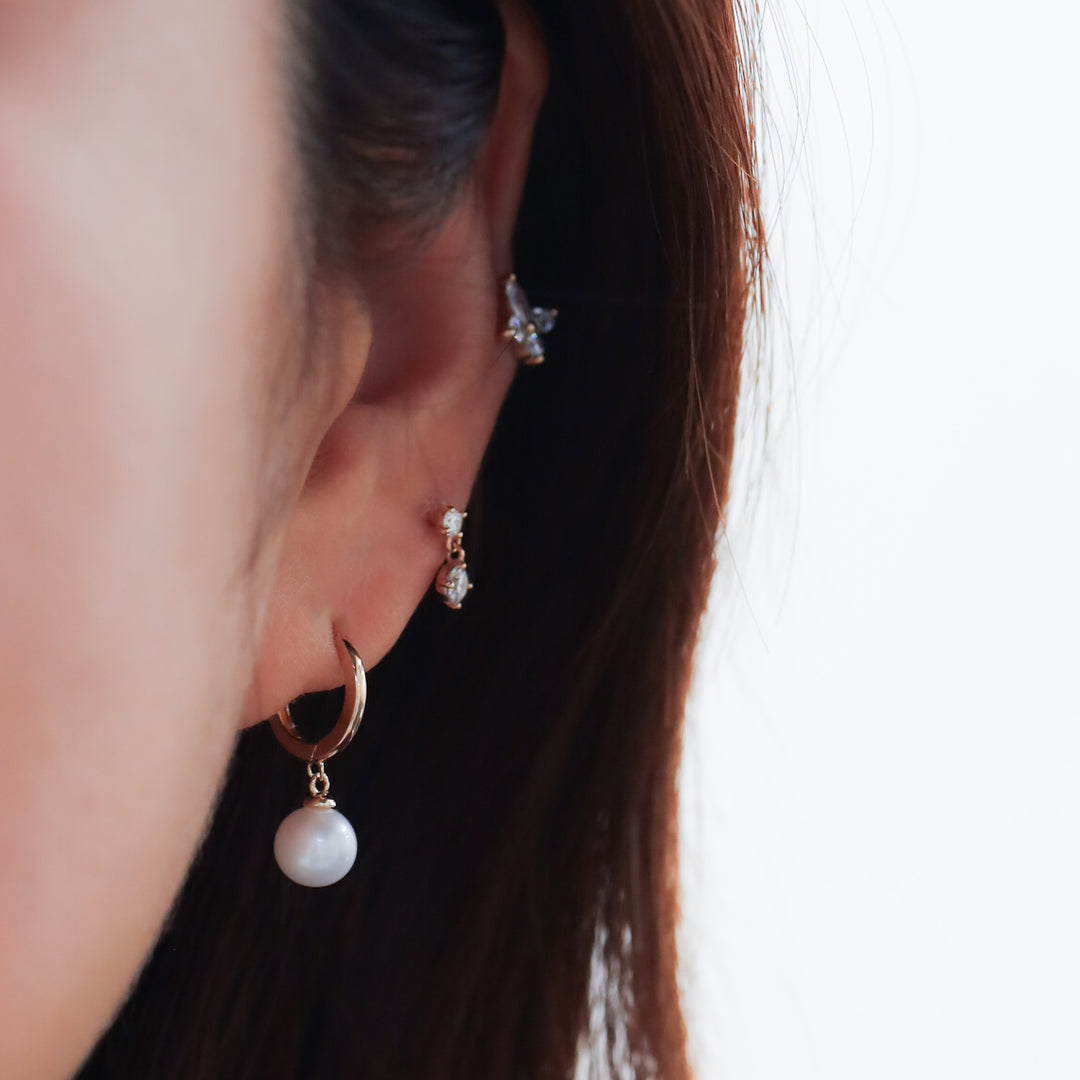 Dangling Pearl with Hoop Earrings 11mm  – 14K Solid Gold Ball Huggies
