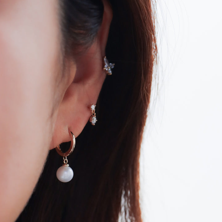 Dangling Pearl with Hoop Earrings 11mm  – 14K Solid Gold Ball Huggies