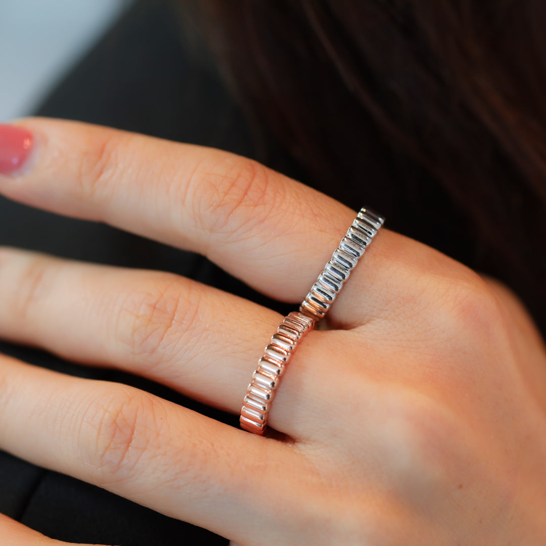 Fluted Glossy Textured Stackable Ribbed 14K Gold Ring