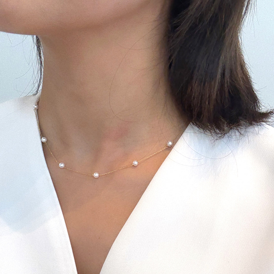 White Freshwater Pearl Station Necklace - Small 4.3mm (12 Pearls)