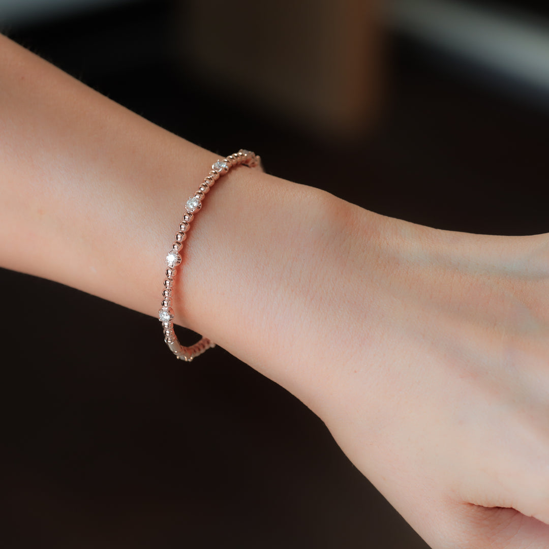 Stackable Beaded Ball with Lab Diamonds 14K Gold Bangle Bracelet