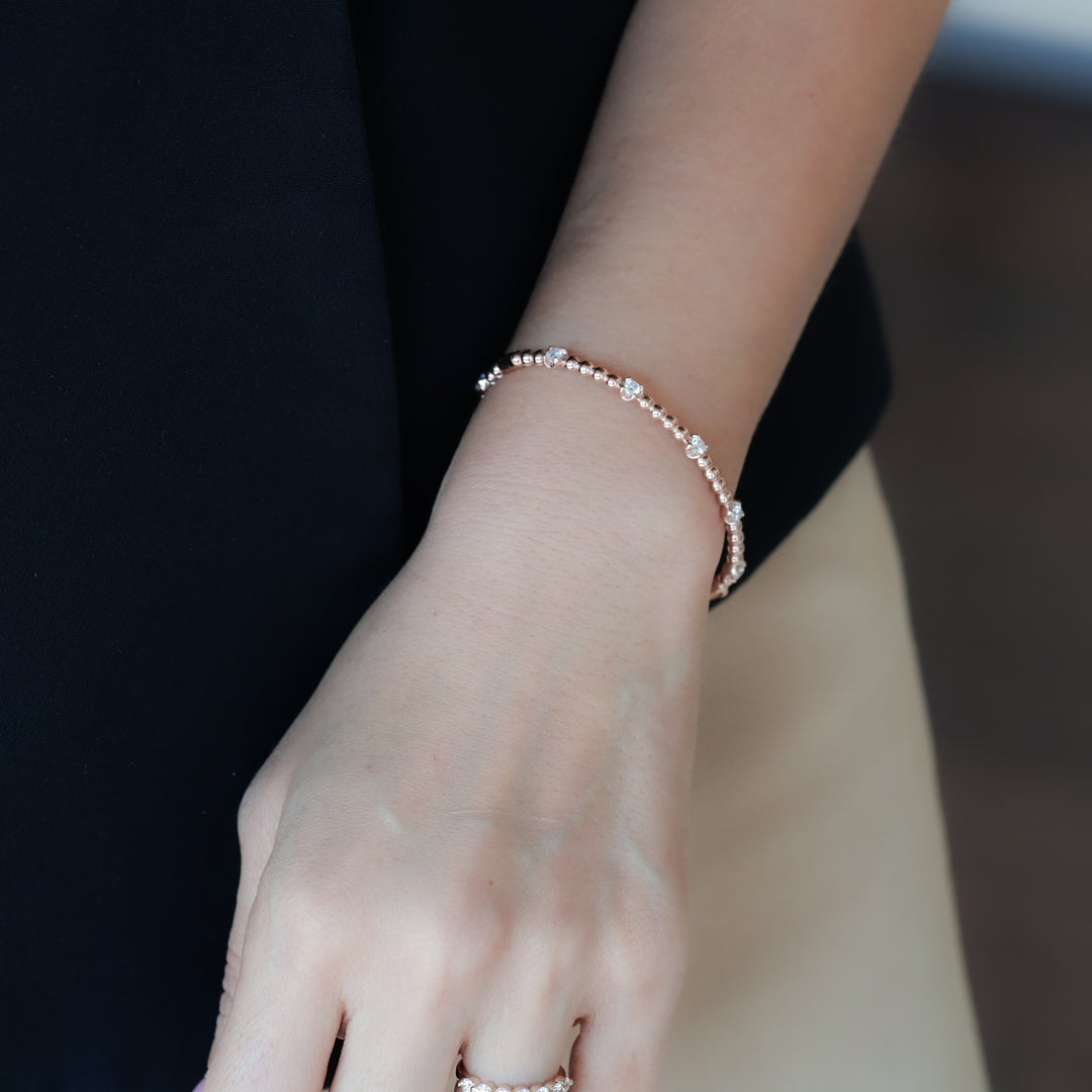 Stackable Beaded Ball with Lab Diamonds 14K Gold Bangle Bracelet