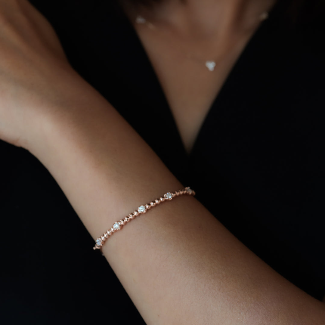 Stackable Beaded Ball with Lab Diamonds 14K Gold Bangle Bracelet