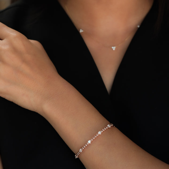 Stackable Beaded Ball with Lab Diamonds 14K Gold Bangle Bracelet