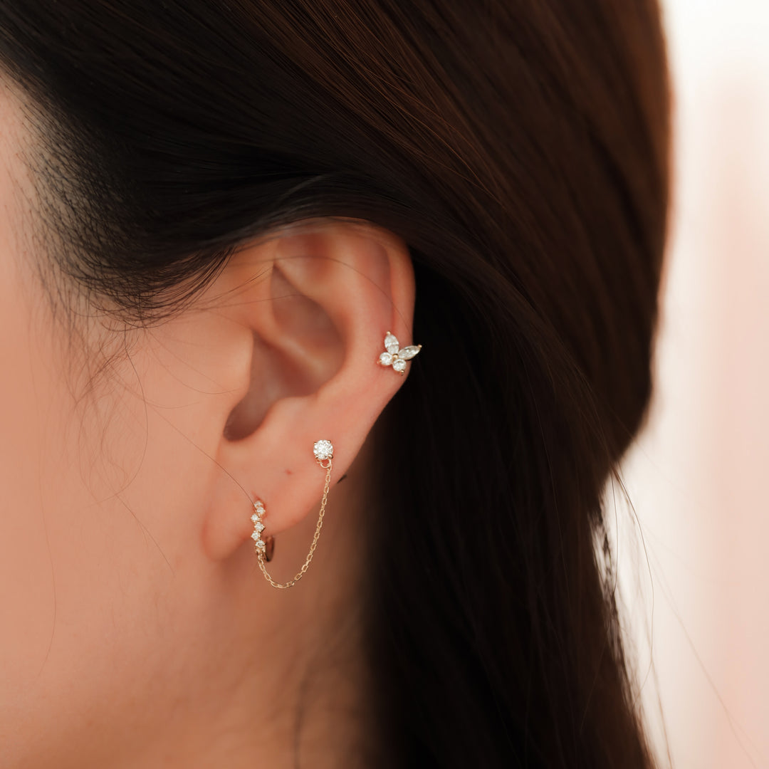 Chained 10mm Diamond Cluster Huggie Hoop with 0.1 ct. Diamond Stud  – Single or Pair