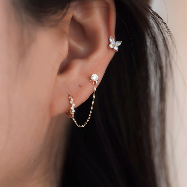 Chained 10mm Diamond Cluster Huggie Hoop with 0.1 ct. Diamond Stud  – Single or Pair