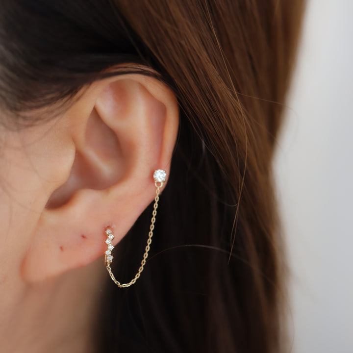 Chained 10mm Diamond Cluster Huggie Hoop with 0.1 ct. Diamond Stud  – Single or Pair
