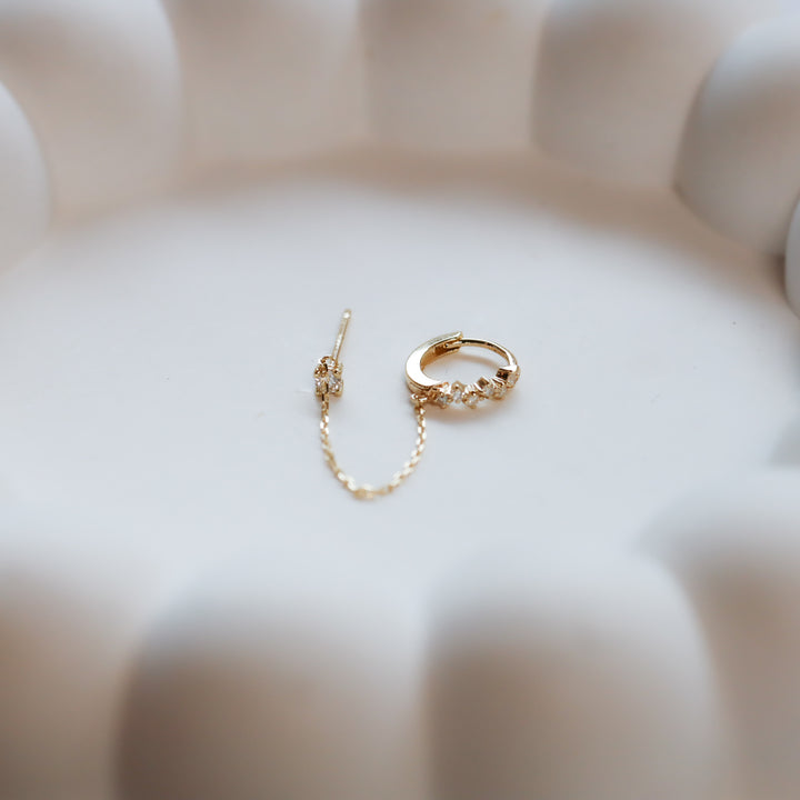 Chained 10mm Diamond Cluster Huggie Hoop with 0.1 ct. Diamond Stud  – Single or Pair