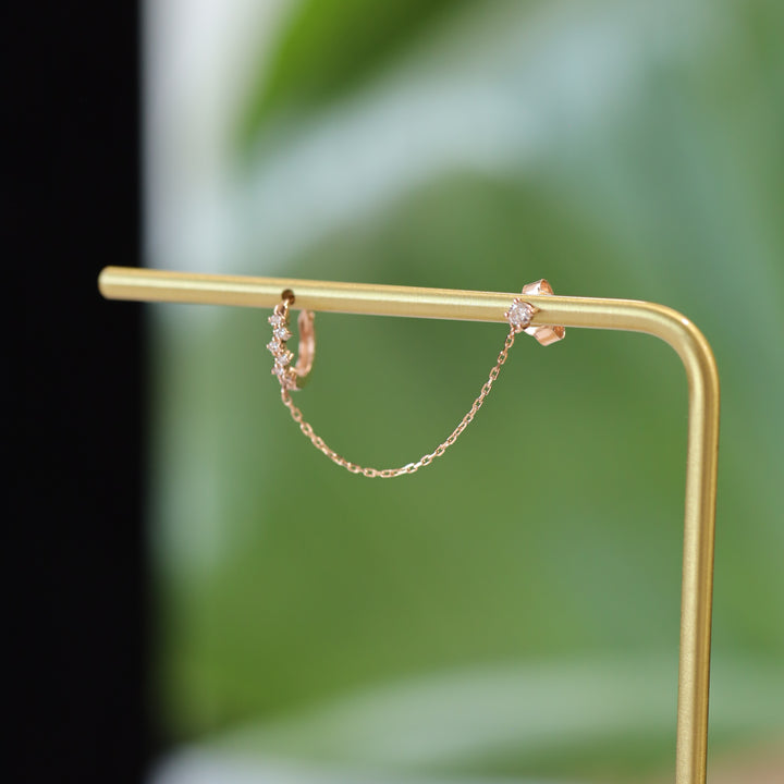 Chained 10mm Diamond Cluster Huggie Hoop with 0.1 ct. Diamond Stud  – Single or Pair