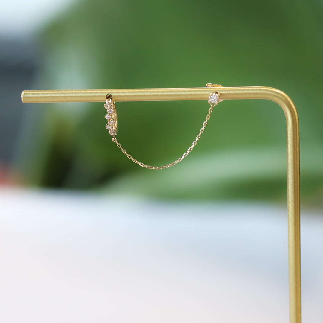 Chained 10mm Diamond Cluster Huggie Hoop with 0.1 ct. Diamond Stud  – Single or Pair