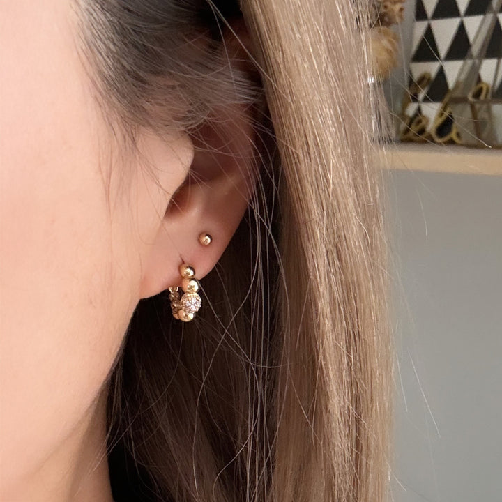 Diamond Beaded Huggie Earrings – 14K Solid Gold Ball Hoop Earrings (Single or Pair)