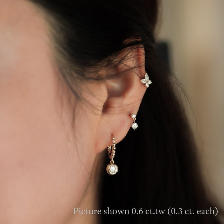 Dangling Bezel Diamond with Beaded Hoop Earrings 11mm  – 14K Solid Gold Ball Huggies