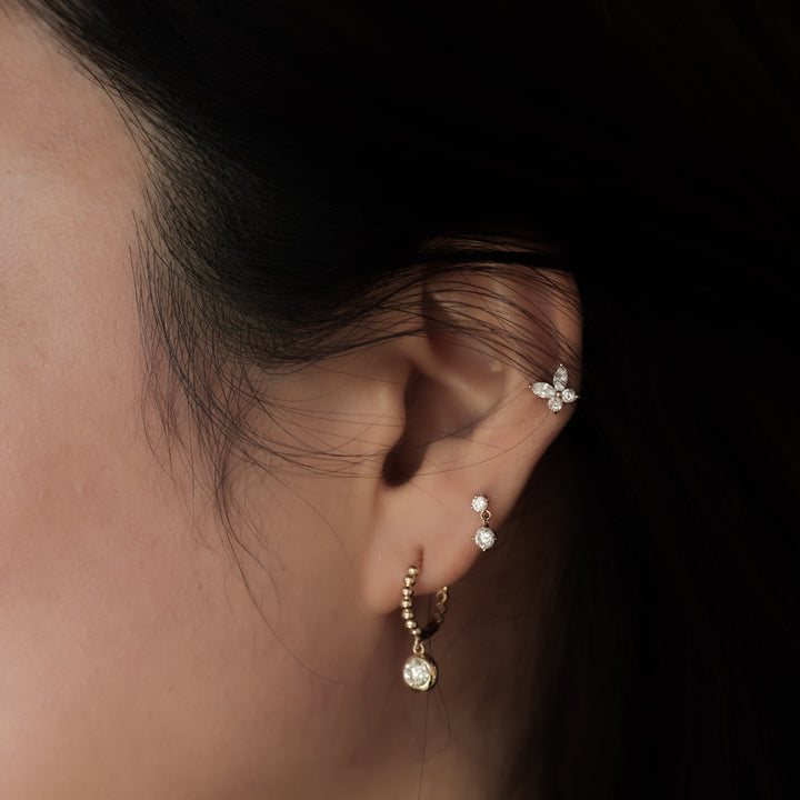 Dangling Bezel Diamond with Beaded Hoop Earrings 11mm  – 14K Solid Gold Ball Huggies