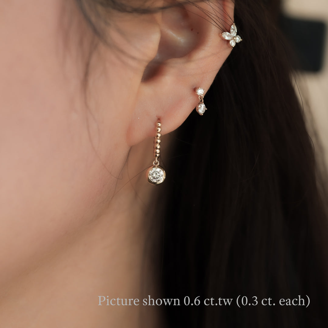 Dangling Bezel Diamond with Beaded Hoop Earrings 11mm  – 14K Solid Gold Ball Huggies