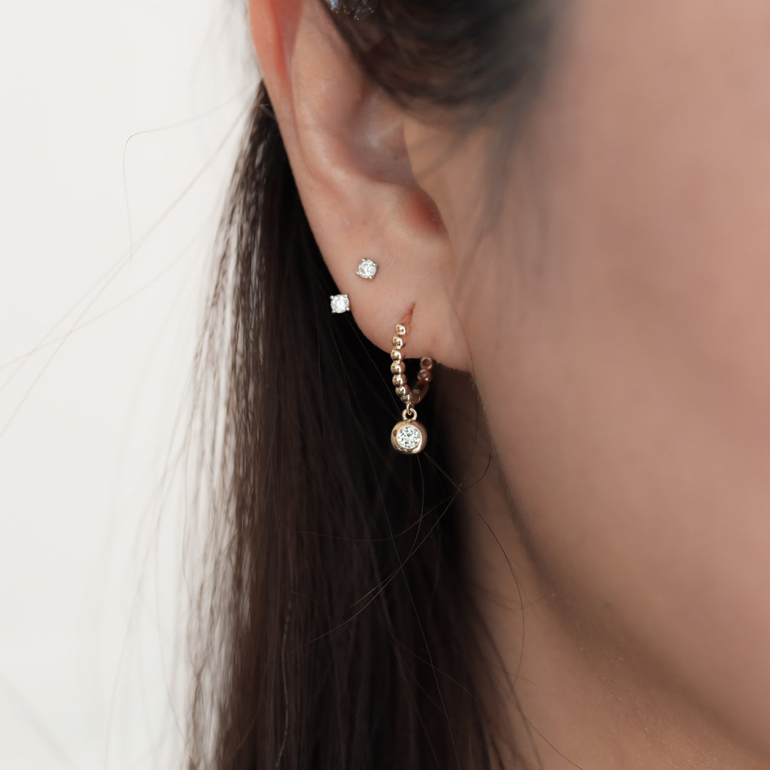 Dangling Bezel Diamond with Beaded Hoop Earrings 11mm  – 14K Solid Gold Ball Huggies