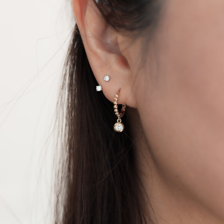 Dangling Bezel Diamond with Beaded Hoop Earrings 11mm  – 14K Solid Gold Ball Huggies