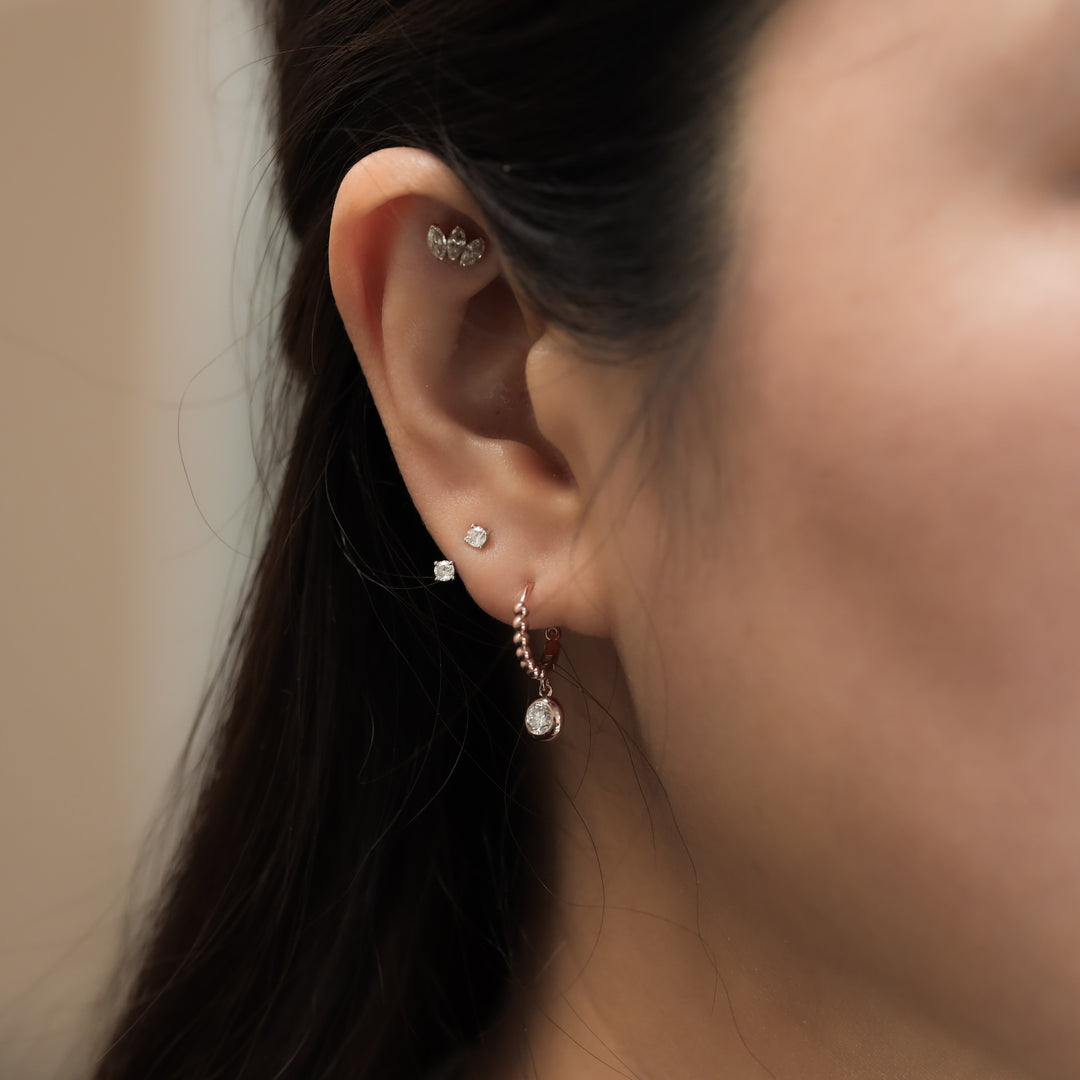 Dangling Bezel Diamond with Beaded Hoop Earrings 11mm  – 14K Solid Gold Ball Huggies