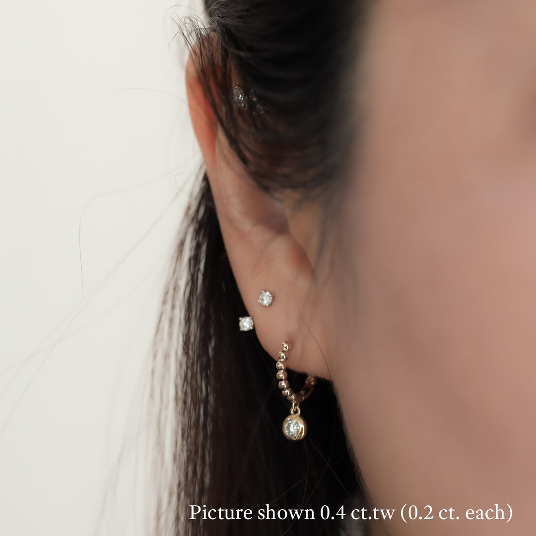 Dangling Bezel Diamond with Beaded Hoop Earrings 11mm  – 14K Solid Gold Ball Huggies