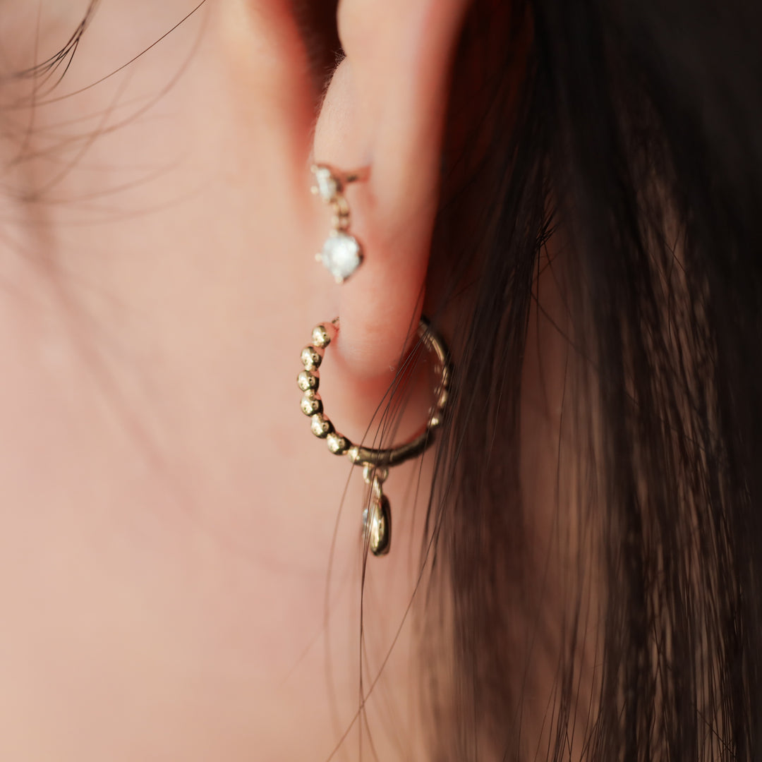 Dangling Bezel Diamond with Beaded Hoop Earrings 11mm  – 14K Solid Gold Ball Huggies
