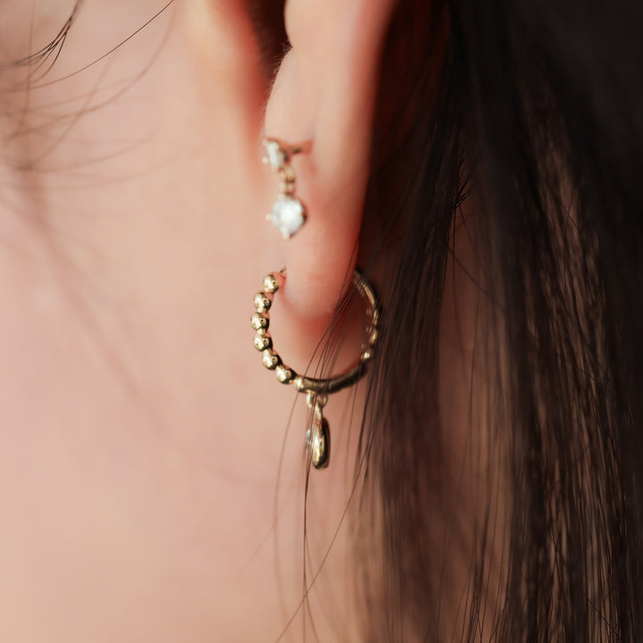 Dangling Bezel Diamond with Beaded Hoop Earrings 11mm  – 14K Solid Gold Ball Huggies