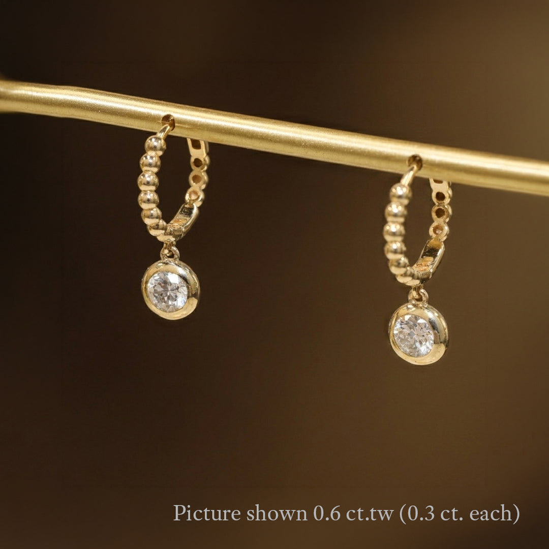 Dangling Bezel Diamond with Beaded Hoop Earrings 11mm  – 14K Solid Gold Ball Huggies