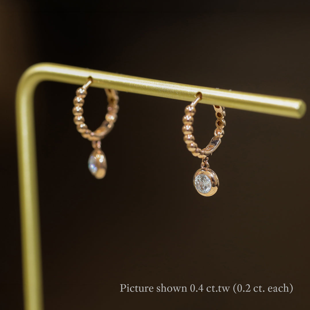Dangling Bezel Diamond with Beaded Hoop Earrings 11mm  – 14K Solid Gold Ball Huggies