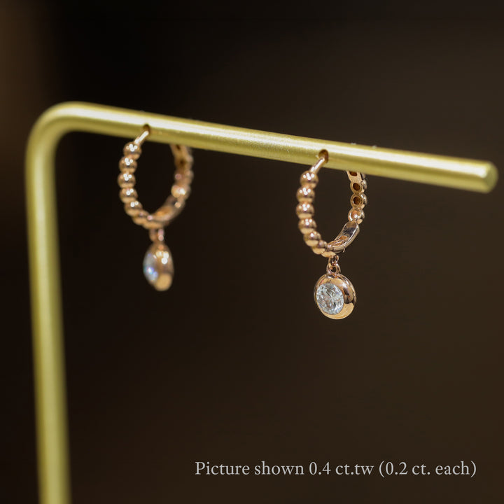 Dangling Bezel Diamond with Beaded Hoop Earrings 11mm  – 14K Solid Gold Ball Huggies
