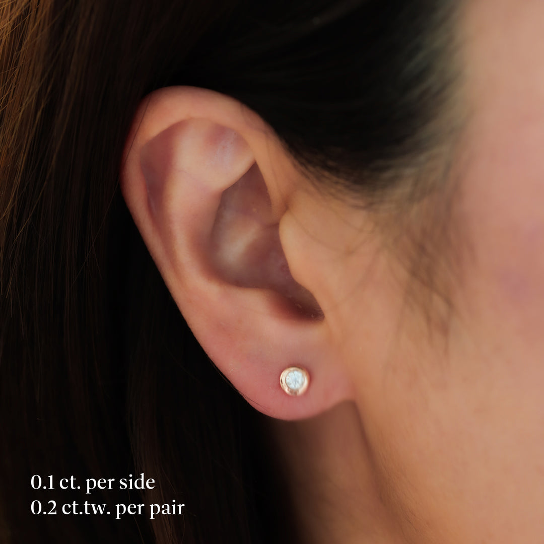 Bezel Lab Diamond 14K Solid Gold Stud Earrings  - Single or Pair