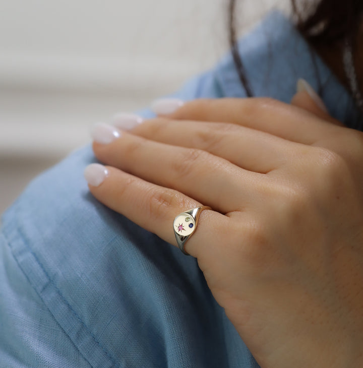 Classic Circle Signet Ring – Customized Compass Birthstone 14K Solid Gold Band